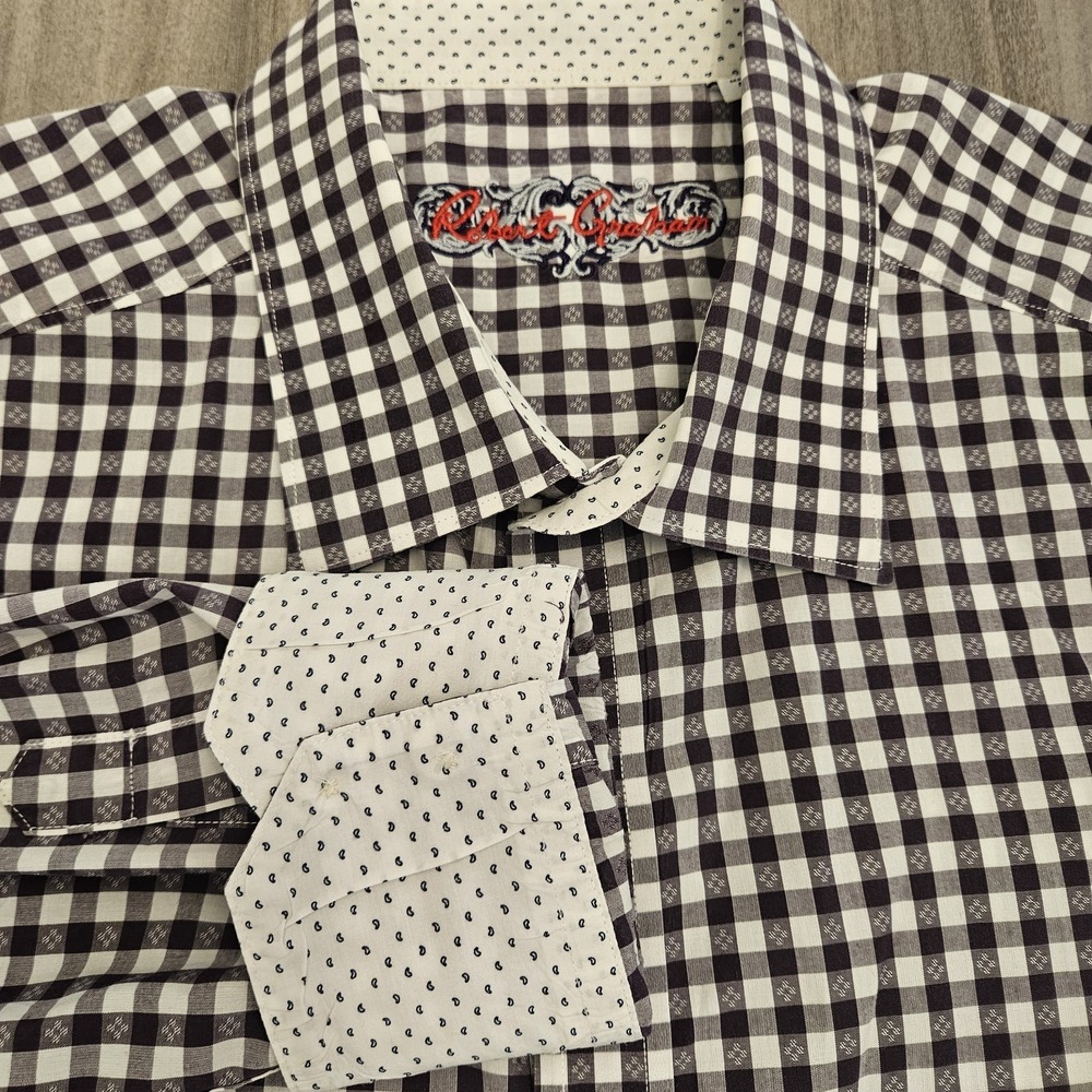 ROBERT GRAHAM Button Down Shirt Men 2XL Cotton Geometric Gingham Check Flip Cuff